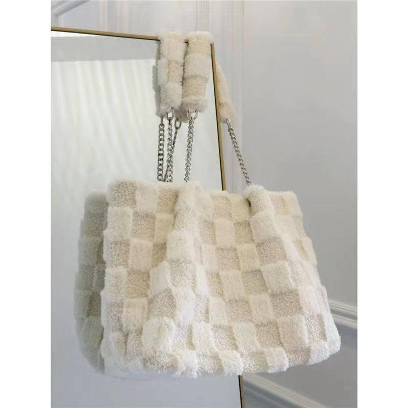 White Plush One Shoulder Bag Casual Tote Bag-White-3