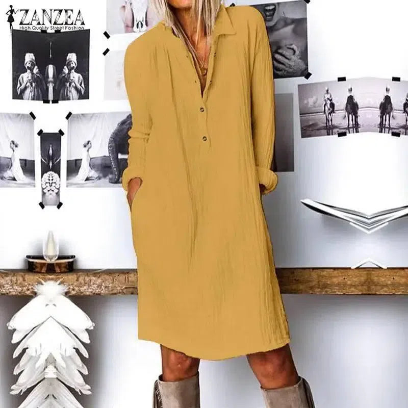 ZANZEA Autumn Lapel Neck Long Shirt Dress-3