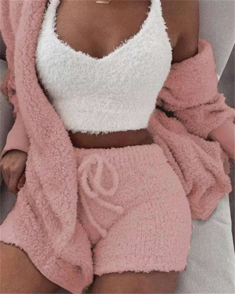 Winter Women Home Wear Suit Casual Pajamas Set Lady Female Soft Warm Long Sleeve Exposed Navel Vest Shorts Set-Pink-8