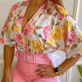 Women 2 Piece Set Spring V Neck Floral Print Half Sleeve-6