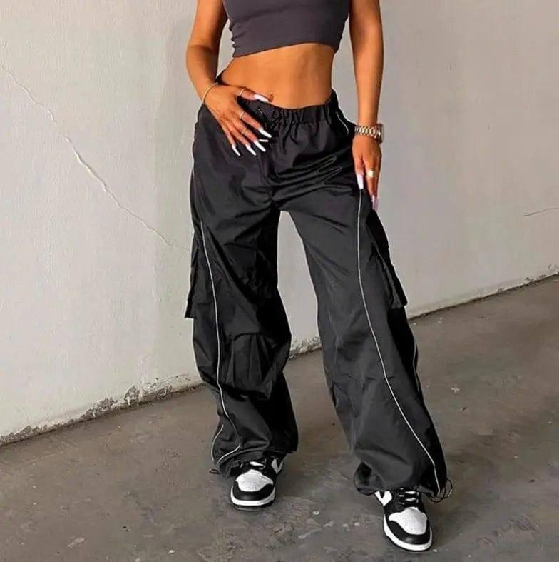 Women Baggy Low Waist Drawstring Cargo Pants Oversize Casual-Black-2