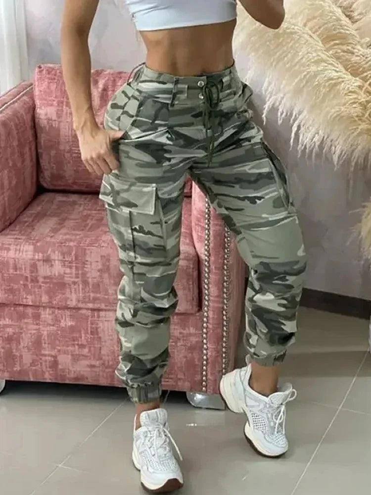 Women Elegant Harajuku Streetwear Black Cargo Pants-Camouflage-7