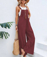 Women Long Bib Pants Overalls Casual Loose Rompers Jumpsuits With Pockets-Burgundy-6