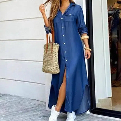 Women Long Sleeve Shirt Dress Printed-1