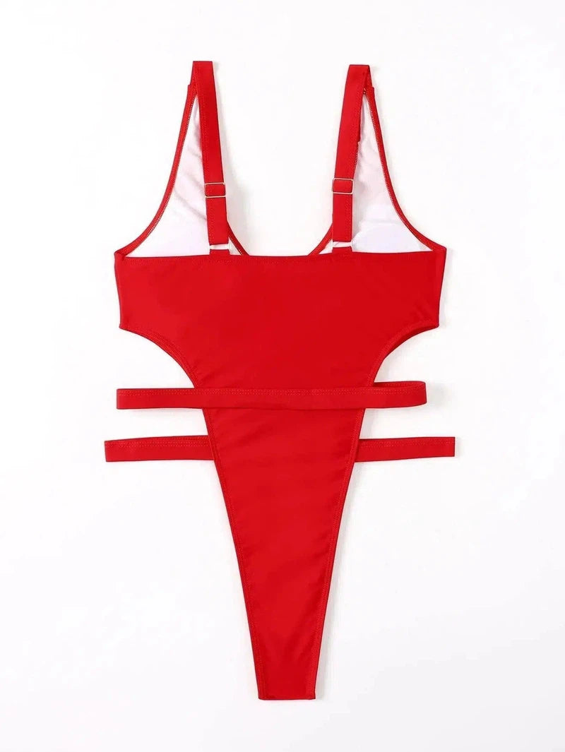 Women's Cutout Belt One Piece Swimsuit Bikini-Red-2