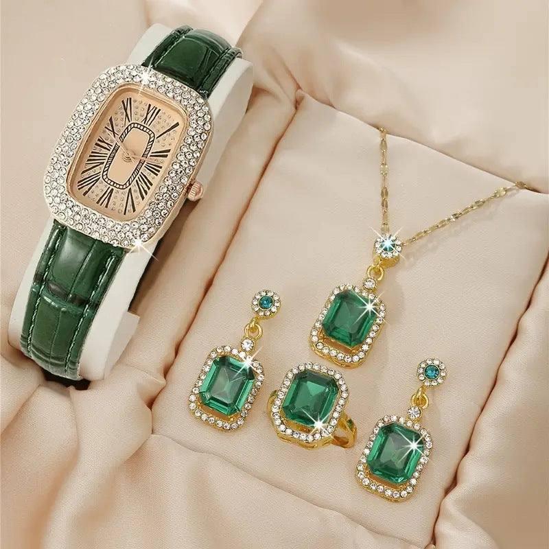 Women's Fashion All-match Diamond Belt Quartz Watch 4-piece-Green 2-12