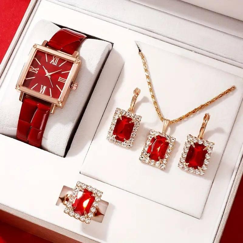 Women's Fashion All-match Diamond Belt Quartz Watch 4-piece-Red 3-5