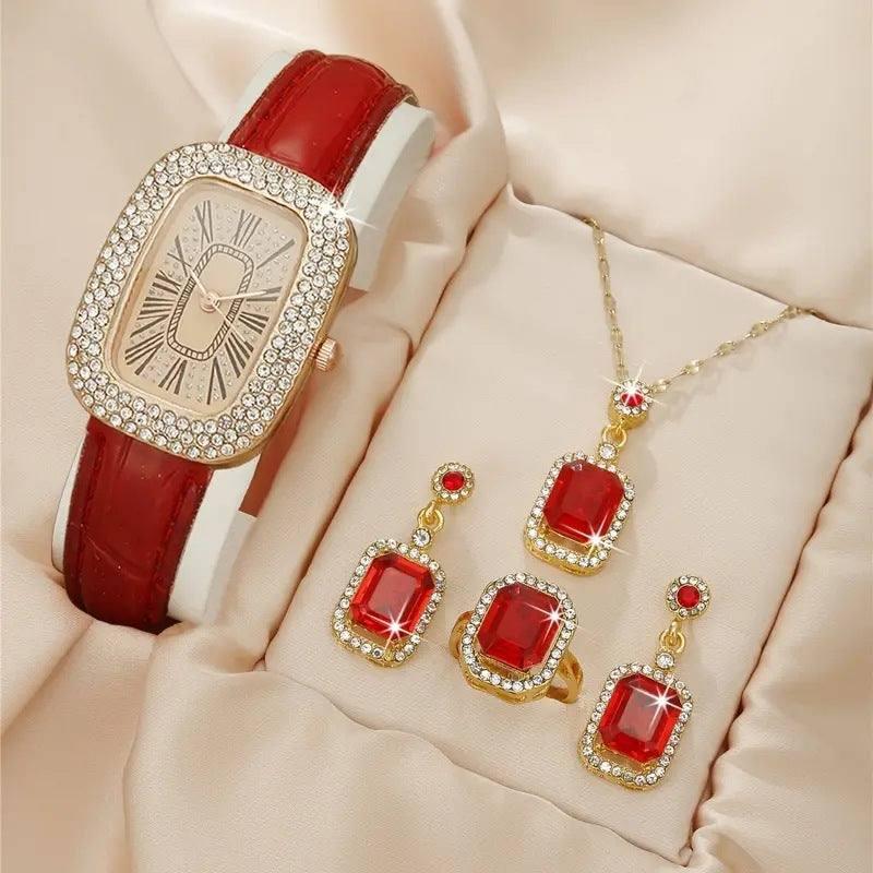 Women's Fashion All-match Diamond Belt Quartz Watch 4-piece-Red 5-7