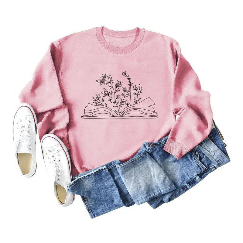 Women's Fashion Casual Book Botanical Pattern Long Sleeve-Pink Black Font-9