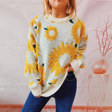 Women's Fashion Casual Sunflower Jacquard Round Neck Long-Yellow-7