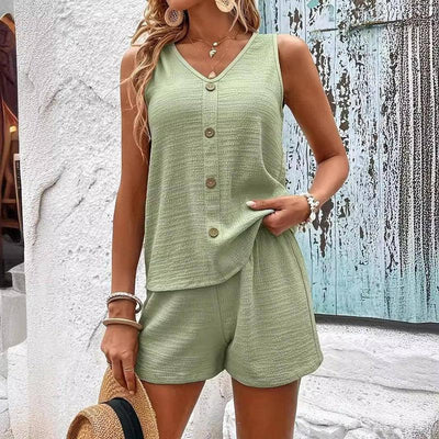 Women's Fashion Loose Sleeveless Solid Color Buttons-Light Green-1