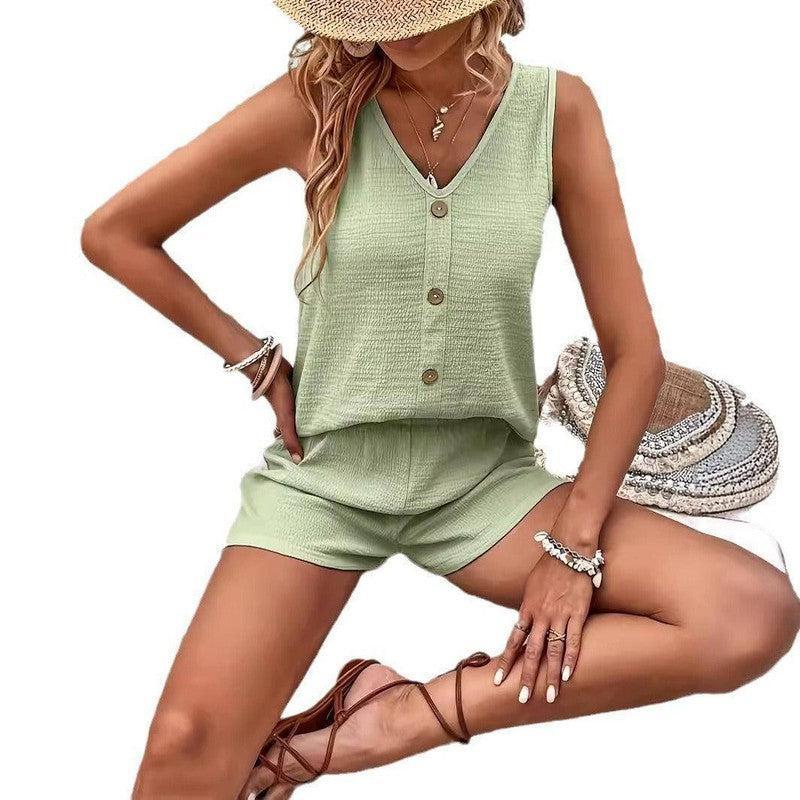 Women's Fashion Loose Sleeveless Solid Color Buttons-5