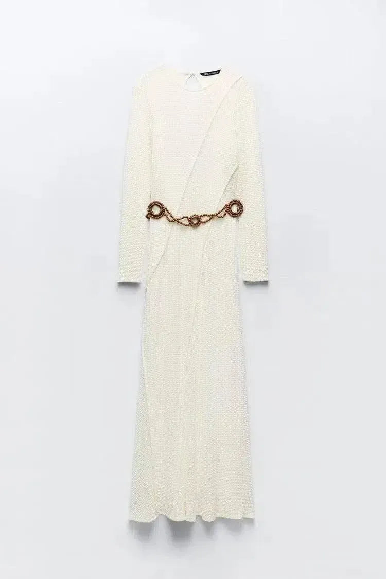 Women's Fashion Temperament Pure Color Midi Skirt Dress-Milky White-7