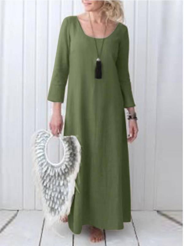 Women's Full-length Dress Cotton And Linen Dress-Green-3