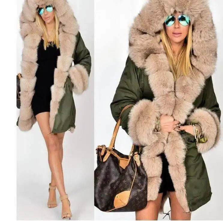 Women's fur collar coat-Green yellow-1