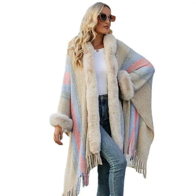 Women's Hooded Cape Autumn And Winter Striped-2