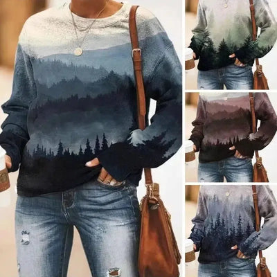 Women's Landscape Floral Print Long Sleeve Pullover-8