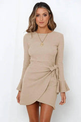 Women's Long Sleeve Dress Ruffle Flared Sleeve Bowknot-Khaki-4