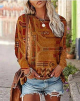 Women's Printed Long-sleeved Pullover Round Neck Top-Light Brown-3