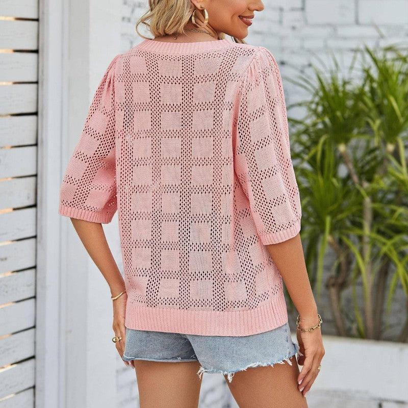 Women's Round Neck Hollowed Out Sun Protection Shirt Knitted-10