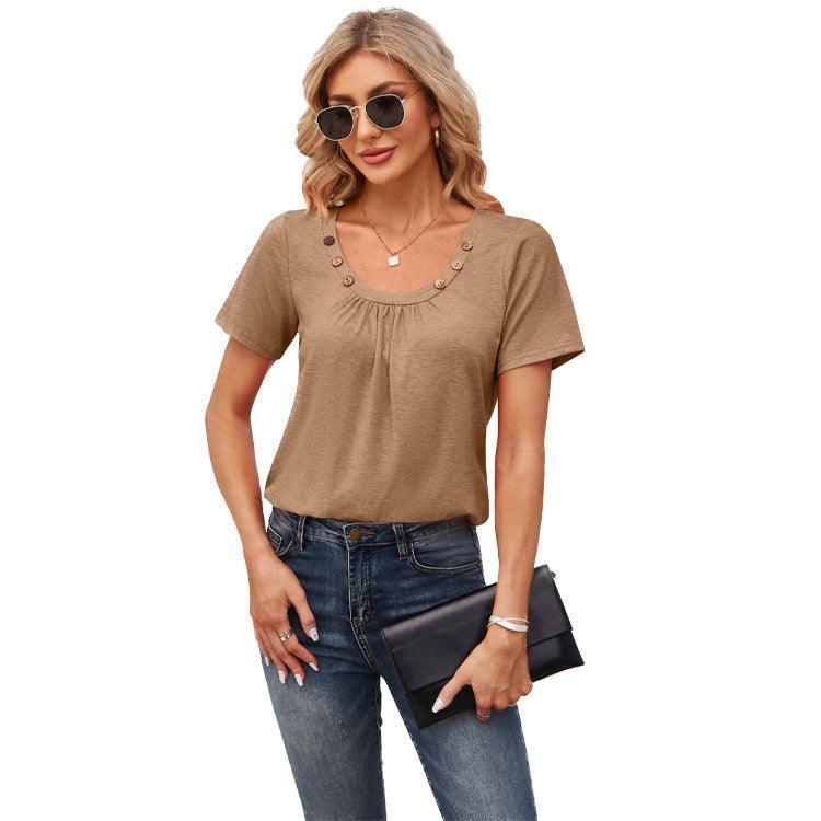 Women's Short-sleeved T-shirt Summer Button Square Collar-10