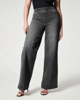 Women's Straight Jeans Mid Waist Wide Leg Pants High Elastic Waist Trousers-Black-2