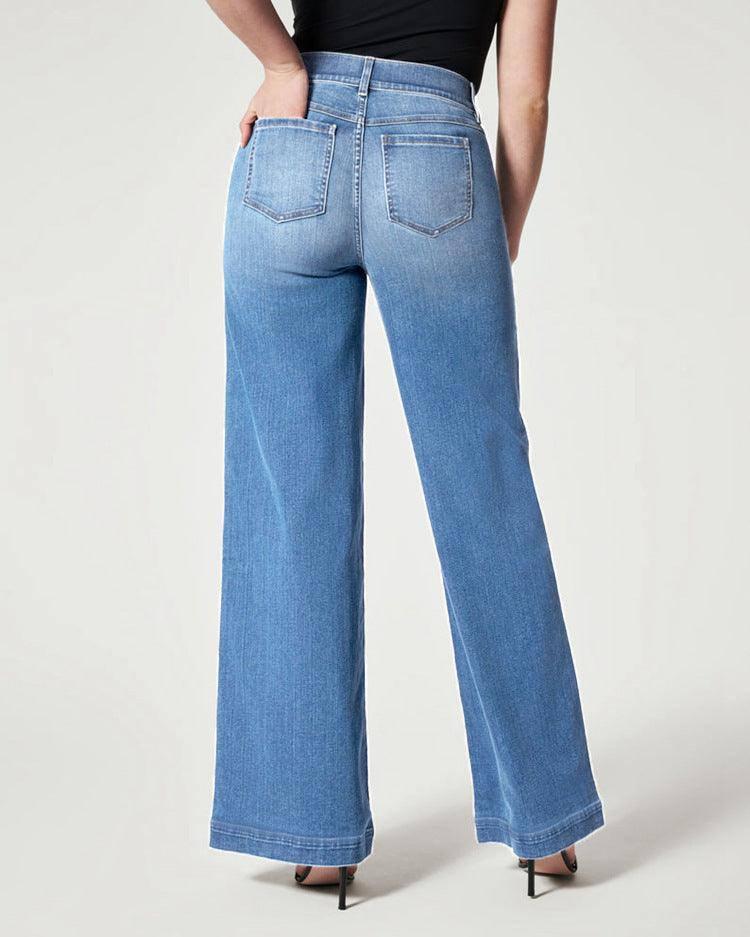 Women's Straight Jeans Mid Waist Wide Leg Pants High Elastic Waist Trousers-5