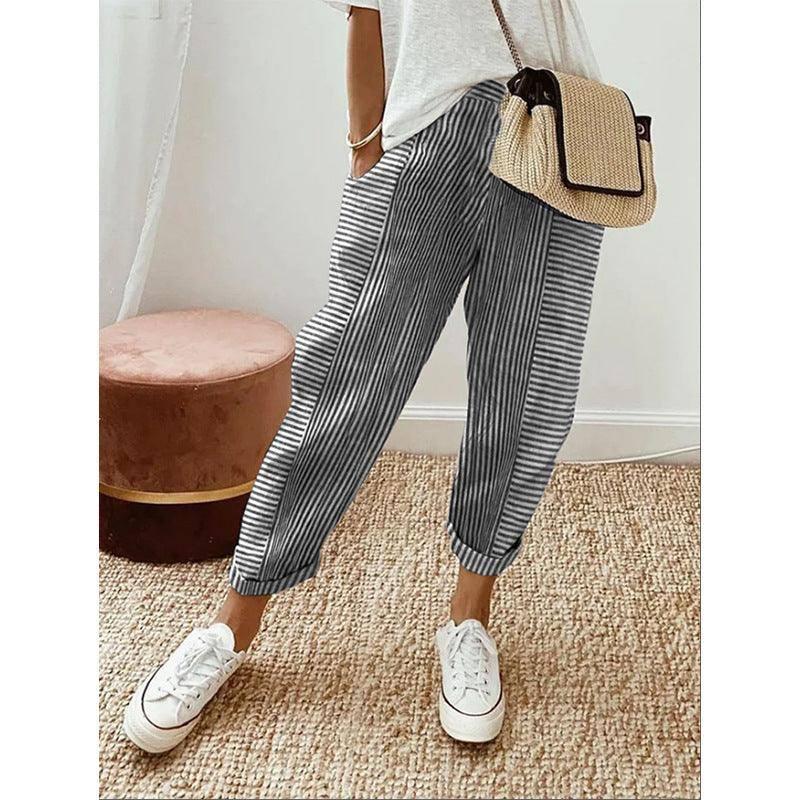 Women's Striped Print Trousers Summer Fashion Casual Loose-Black-2