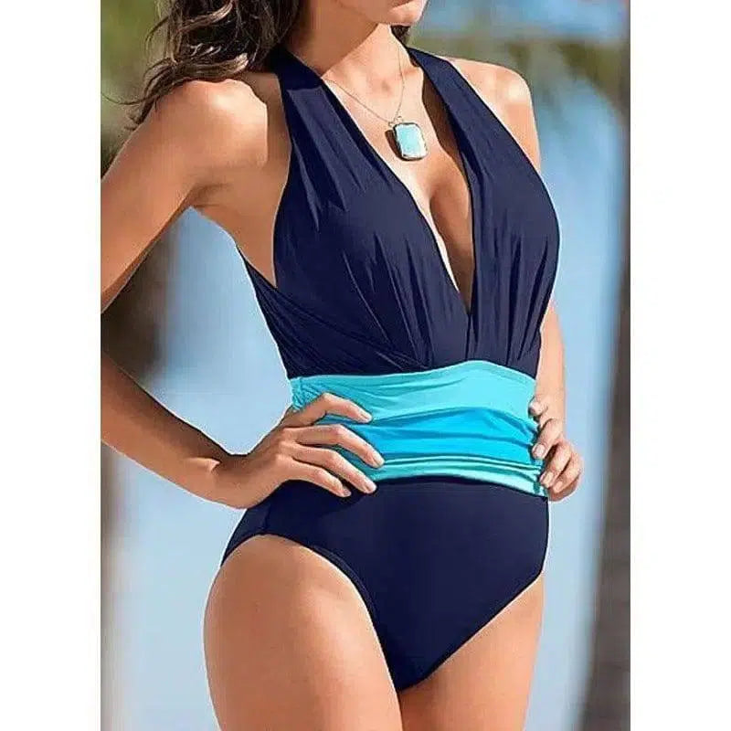 Women's Swimming Bikini One Piece Swimsuit-Blue-3