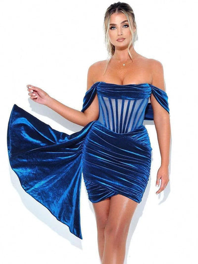 Women's Velvet With Breast Evening Dress-Blue-11