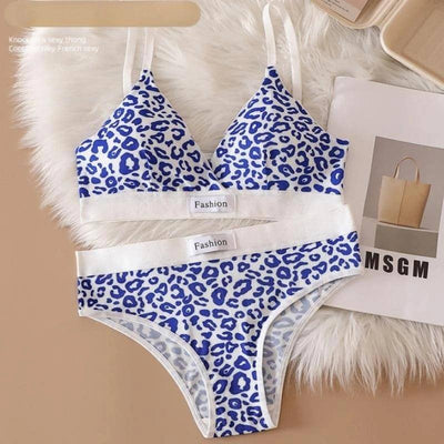 Women Seamless Bra Set Leopard V-neck Brassieres and Low-blue leopard-9