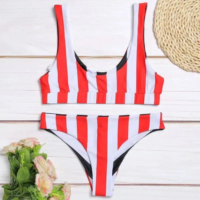 Women Swimsuit Scoop Neck Backless Stripe Female Bikini-S-2