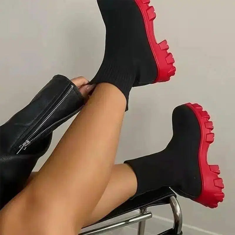 Women Sock Boots Platform Chunky Heels Shoes-Black red-5