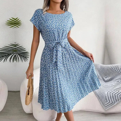 Women Spring Summer Short Sleeve High Waist Chic Dress-Blue-11