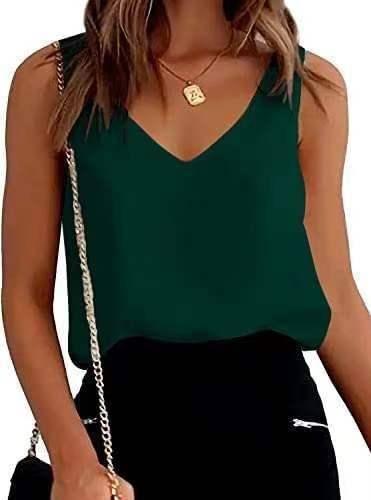 Women Tank Top Summer Casual V Neck Camisole Blouses Loose-Dark Green-4