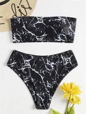 Women Wrapped Marble Printed Swimsuit Bikini Split Sexy-Black-2