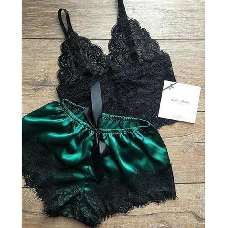 Womens Lace Sleepwear Lace Nachtkleding Lingerie-Green-2