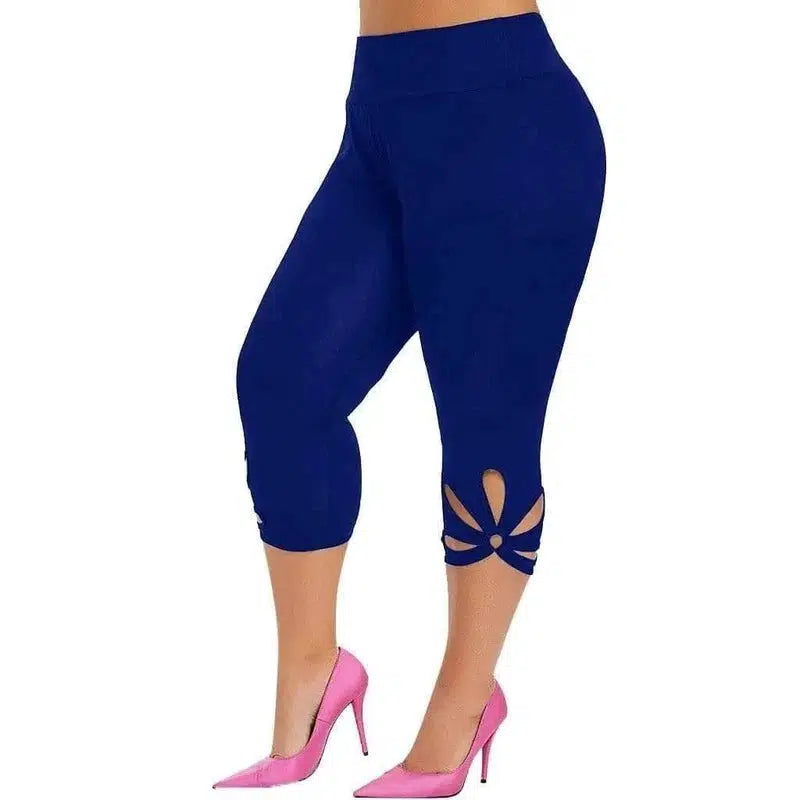 Women's solid color hollowed-out plus-size yoga leggings-Blue-2