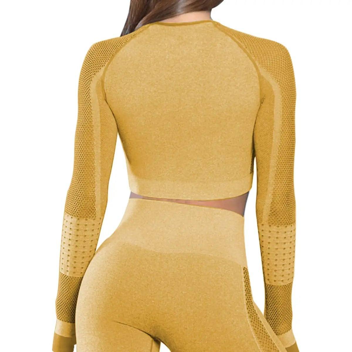 Yoga Crop Top Seamless Yoga sets-Yellow top-18