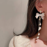 Zircon Pearl Bowknot Tassel Earrings Super Fairy Lady-1