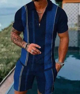 Men's Striped Casual Print Lapel Zipper Two-Piece Suit-Picture color-1