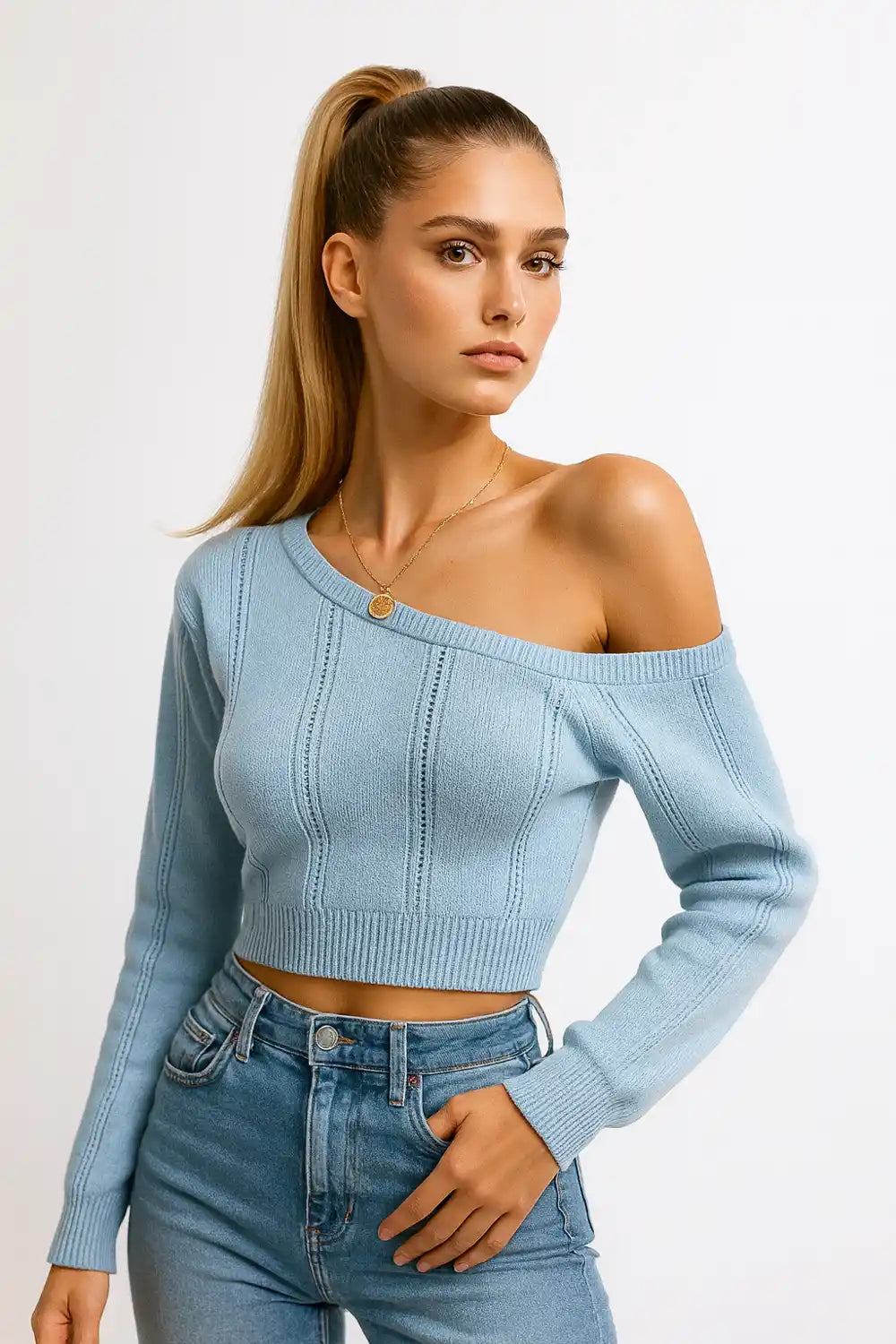 Women’s off-shoulder knit sweater in light blue – trendy cropped fit for fall outfits