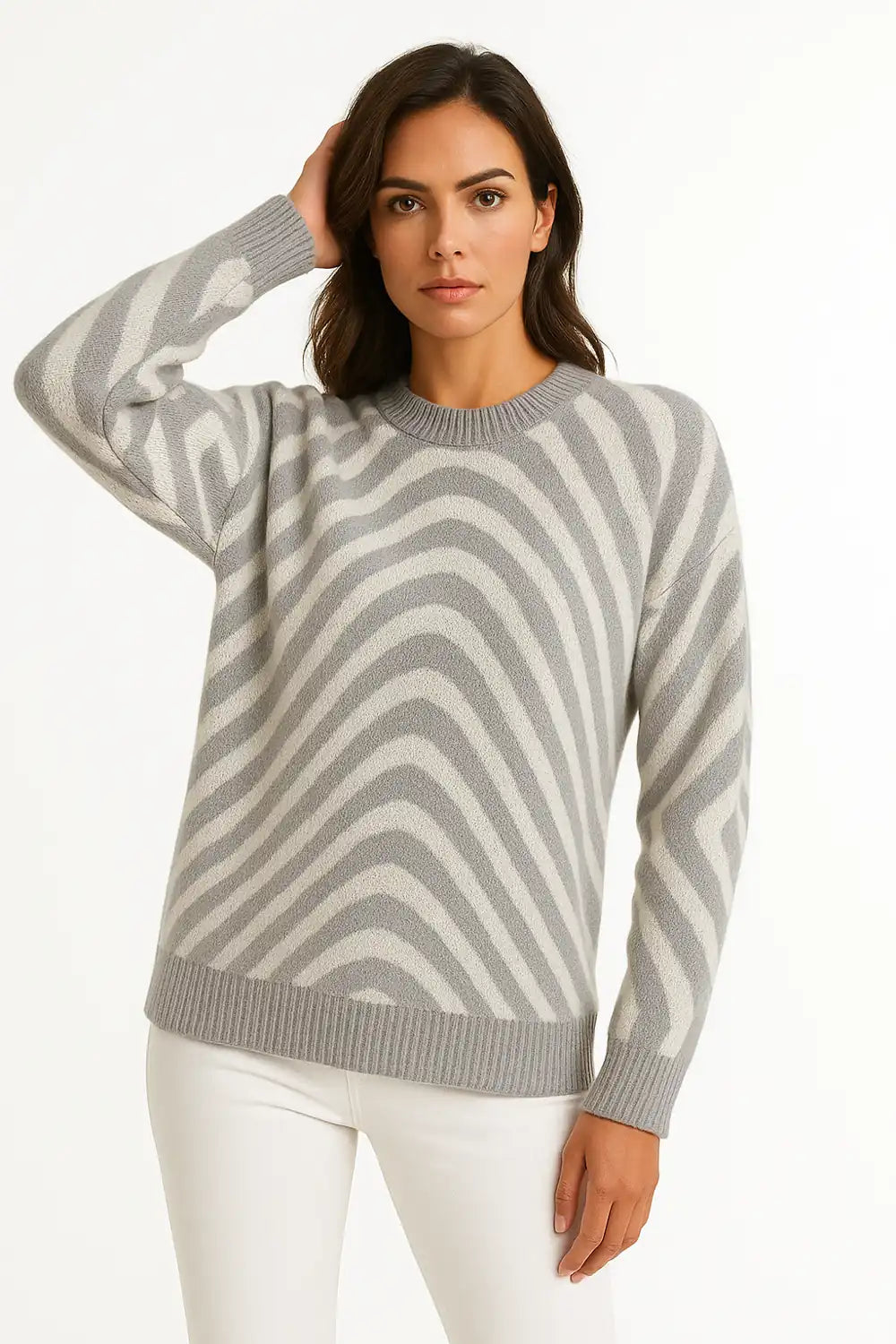 Gray and white zebra stripe knit sweater for women - cozy casual pullover front and back view