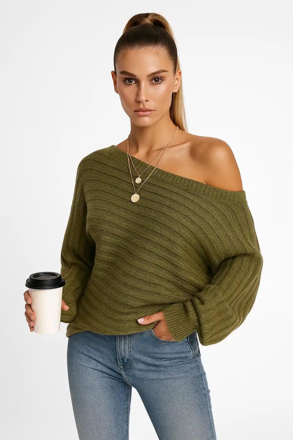 Women’s olive off-shoulder ribbed knit sweater – relaxed oversized fall top