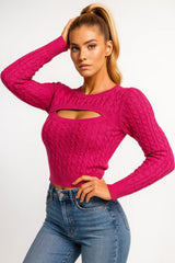Pink cable-knit cutout sweater for women — trendy fitted long-sleeve top