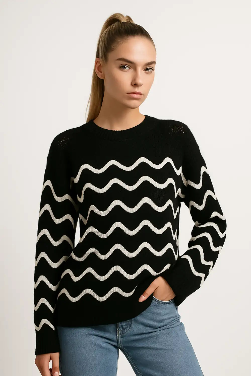 Black and mustard wave pattern knit sweater for women - trendy casual pullover